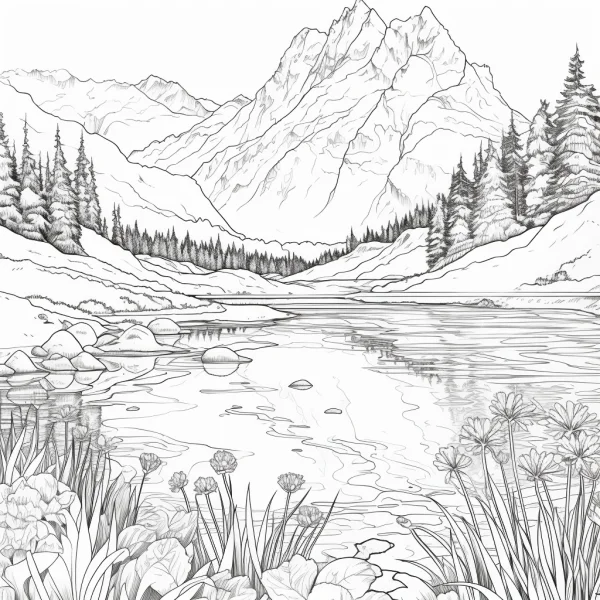 Mountain lake forest natural landscape, realistic line art style — free printable lakes coloring book page