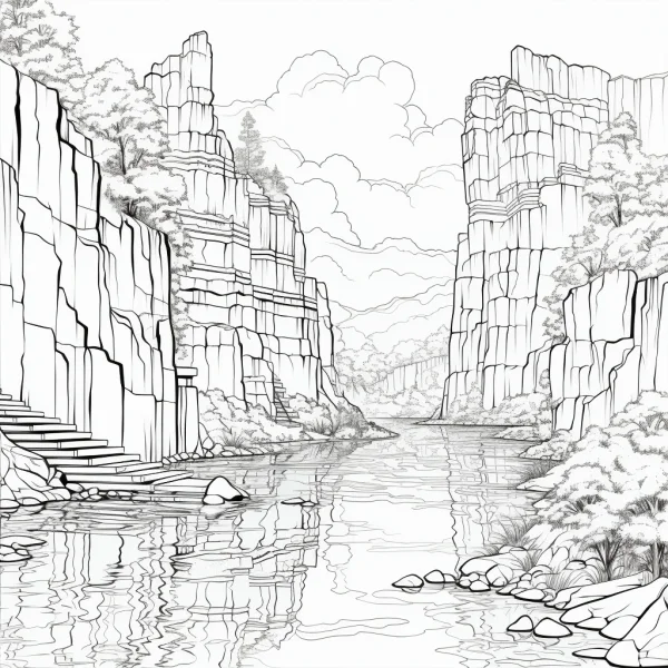 Canyon river landscape, realistic sketch style — free printable river coloring book page