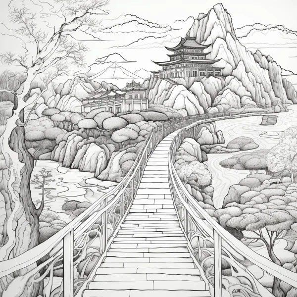 Chinese-style landscape with stone bridge and ancient pagodas, traditional chinese line art — free printable ancient architecture coloring book page