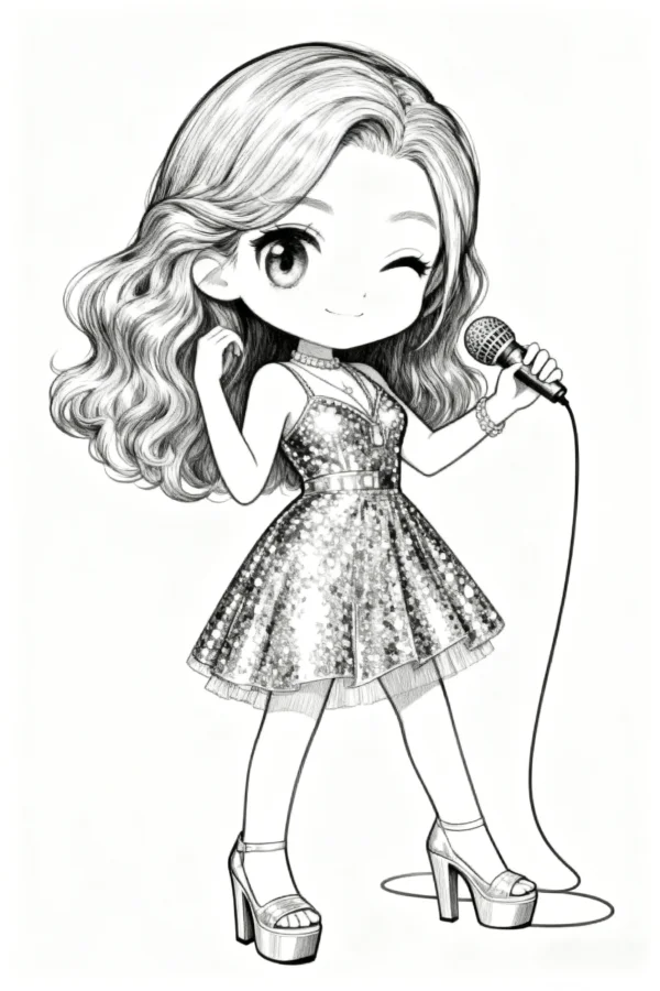 Cute chibi singing girl holding a microphone, cartoon style — free printable musician coloring book page