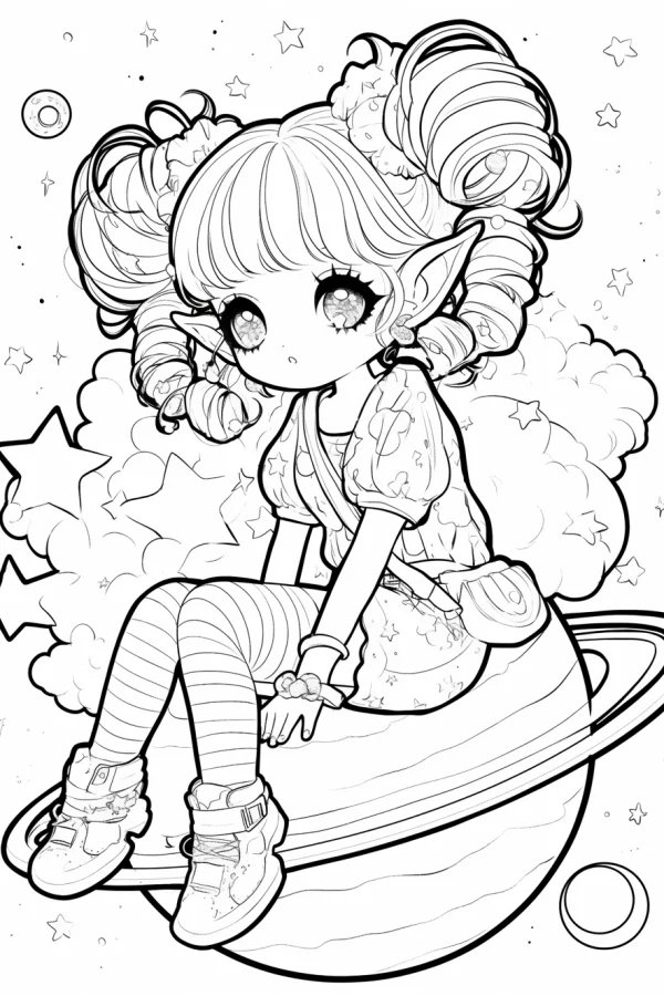 Curly hair elf girl sitting on a ringed planet, cute anime moe style — free printable universe coloring book page
