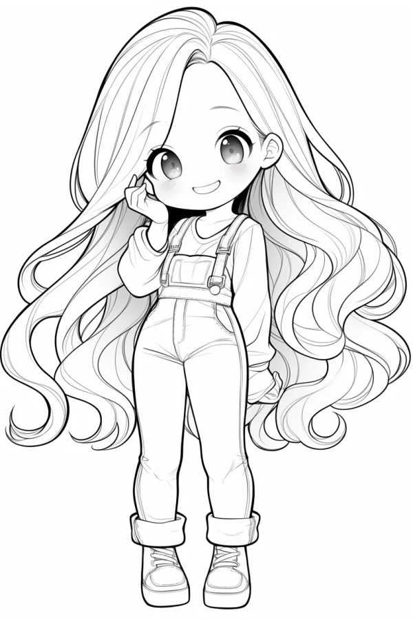 Cute chibi long-haired girl in overalls and sneakers, cartoon kawaii style — free printable cartoon characters coloring book page