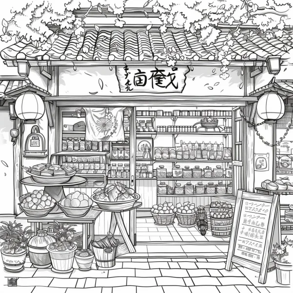 Coloring book page, japanese traditional grocery store — free printable shops coloring book page
