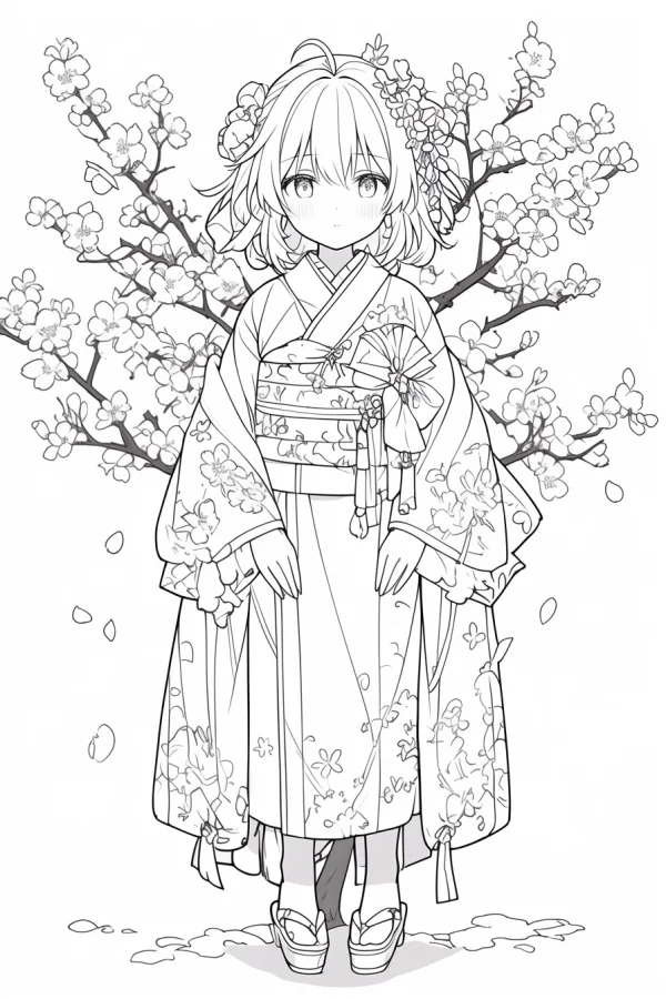 Anime girl in traditional japanese kimono standing under blooming cherry blossom tree, japanese anime style — free printable flower season coloring book page