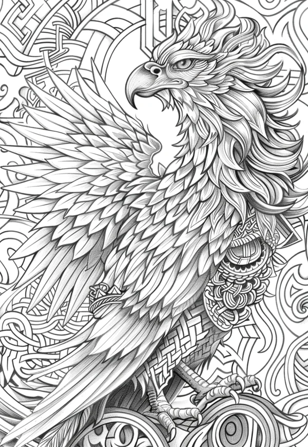 Celtic style mythical eagle, intricate detailed feathers — free printable celtic coloring book page