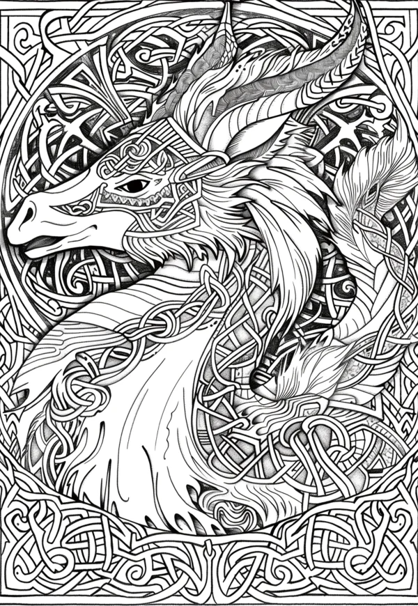 Celtic-style fantasy horned beast with detailed mane and curved horns, surrounded by dense intricate celtic knot patterns — free printable celtic culture coloring book page