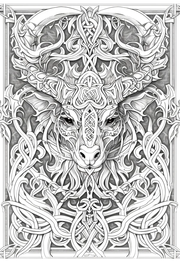 Celtic style deer head, intricate celtic knot patterns — free printable celtic coloring book page