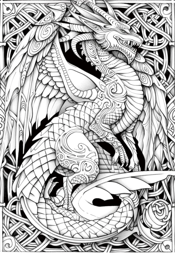 Celtic-style winged dragon, surrounded by intricate celtic knot patterns — free printable celtic coloring book page