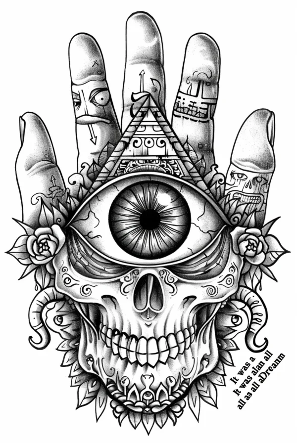 Skull with all-seeing eye and anthropomorphic fingers, gothic dark style — free printable mystery coloring book page