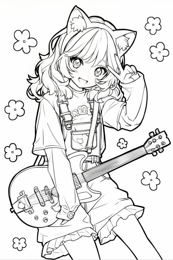 Cute cat ear girl holding electric guitar, japanese anime cartoon style — free printable cute style coloring book page