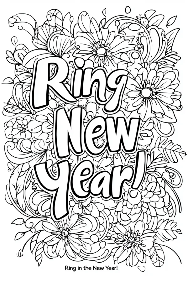 New year themed art text 'ring new year!' surrounded by various flowers, leaves and decorative vines — free printable new year coloring book page