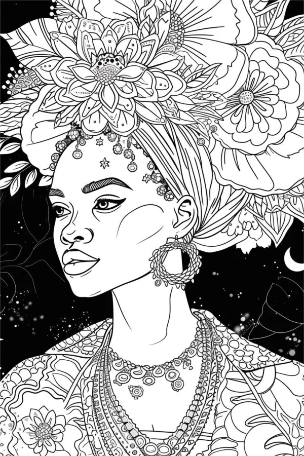 African-style woman adorned with elaborate floral headdress, african ethnic patterns on clothing and jewelry — free printable africa coloring book page