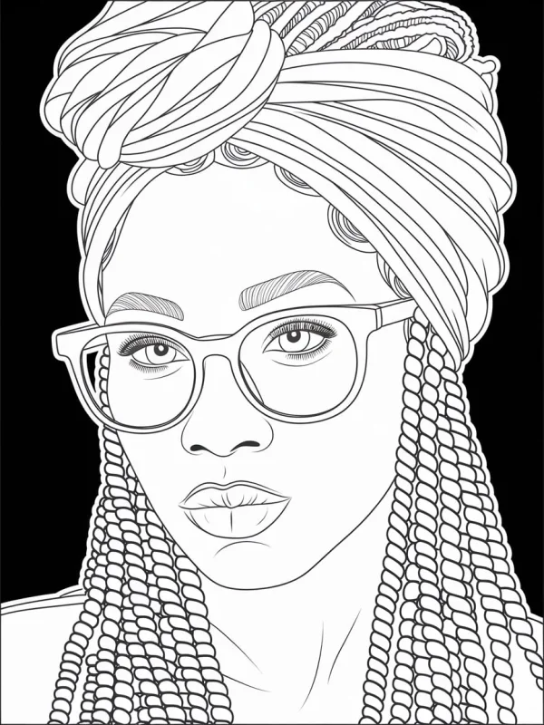 African-style woman with glasses and cornrow braids, wrapped headscarf — free printable africa coloring book page