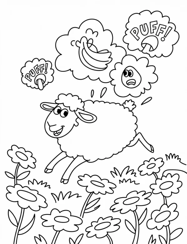 Cheerful cartoon sheep running in a flower field, with anthropomorphic smiling cloud — free printable innocence coloring book page