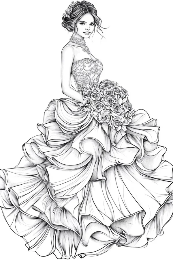 Bride holding rose bouquet in elegant ruffled wedding dress, realistic illustration style — free printable female coloring book page