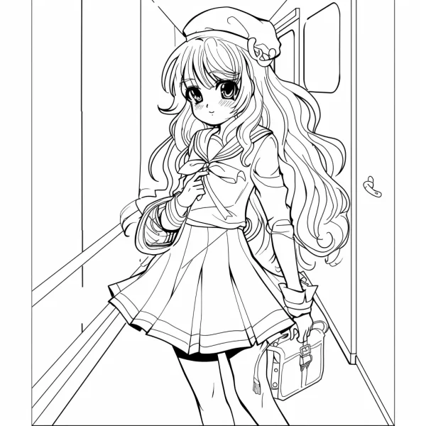 Japanese anime school girl in sailor uniform with beret, long curly hair — free printable campus life coloring book page