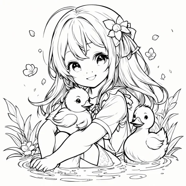 Cute cartoon girl holding a duckling, another duck beside her — free printable innocence coloring book page