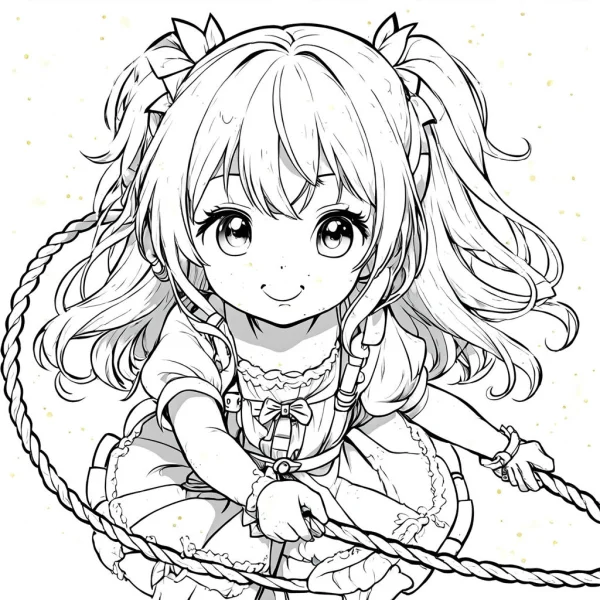 Cute twin-tailed cartoon girl skipping rope, anime cartoon style — free printable children's life coloring book page