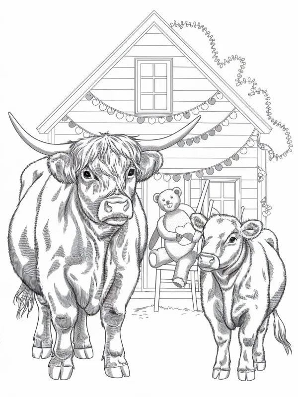 Highland cow and calf in front of a cozy farm house, with a teddy bear sitting on a ladder — free printable farm life coloring book page