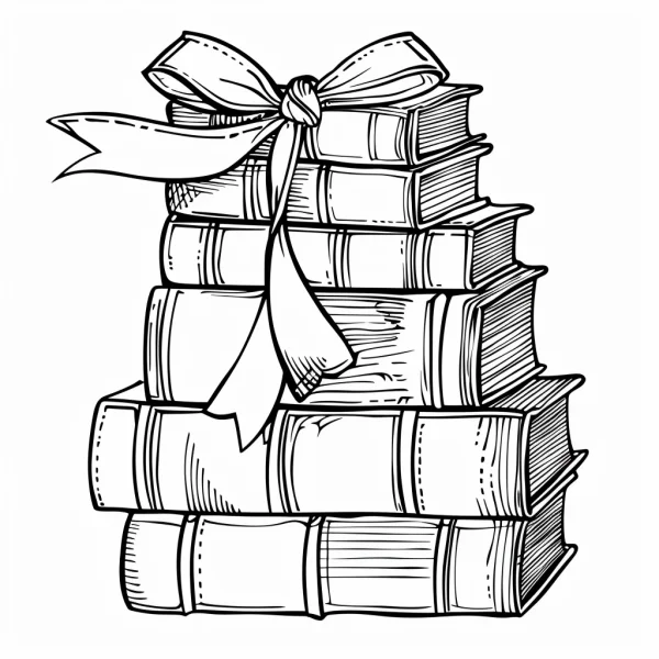 Stack of books with a bow, sketch style — free printable books coloring book page