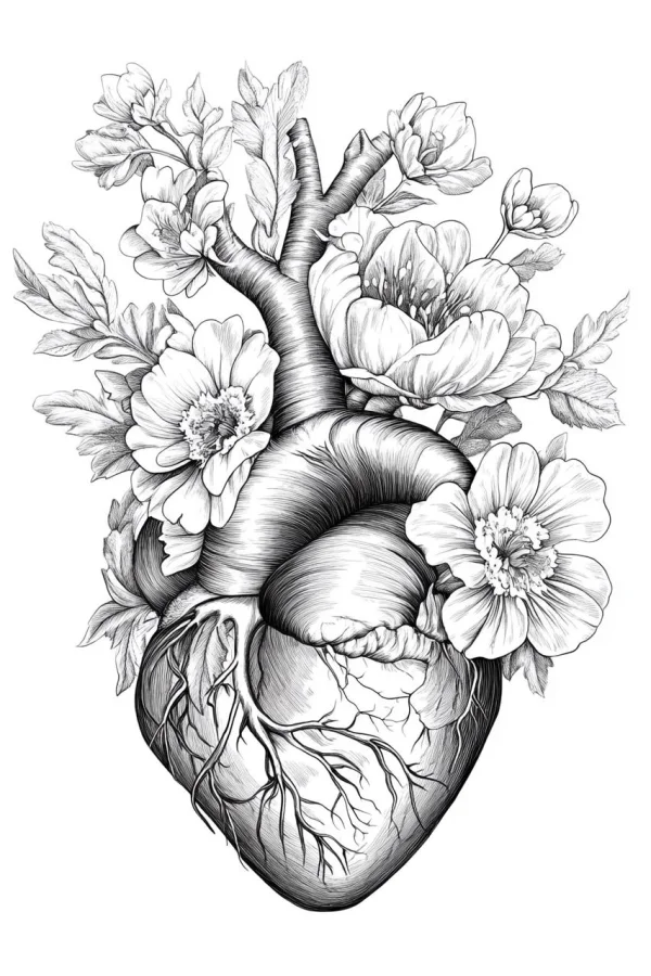 Human heart intertwined with flowers, vines and leaves — free printable creative art coloring book page