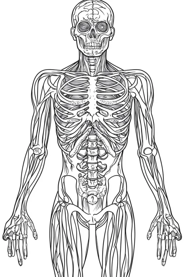 Human skeleton with muscle tissue line art, realistic anatomical style — free printable human anatomy coloring book page