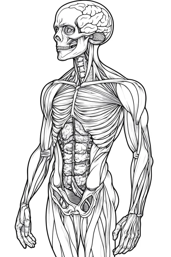 Human upper body muscle and skeletal anatomy line art, realistic sketch style — free printable medicine coloring book page