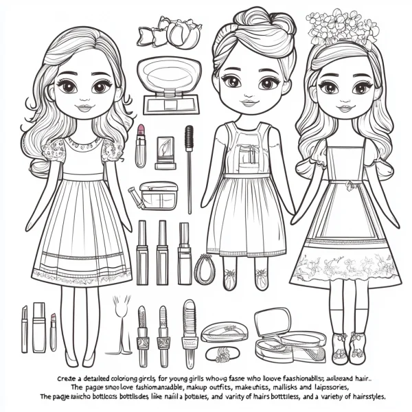 Three fashionable girls with various hairstyles and dresses, surrounded by beauty items including nail polish bottles — free printable beauty coloring book page