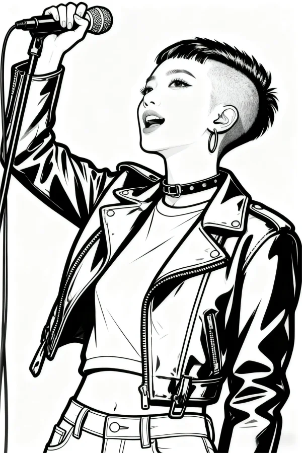 Punk-style short-haired girl holding a microphone, modern realistic illustration style — free printable modern life coloring book page