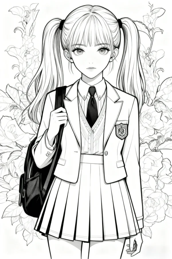 Cute twin-tailed school girl in school uniform with blazer, pleated skirt and tie — free printable campus coloring book page