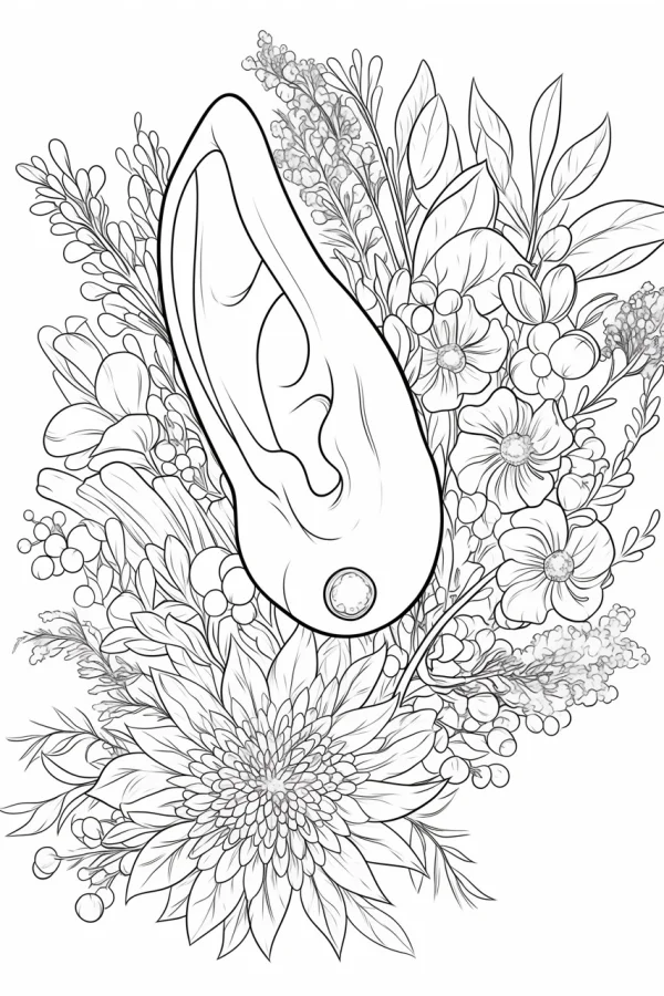 Human ear surrounded by various flowers, leaves and berries — free printable creative art coloring book page