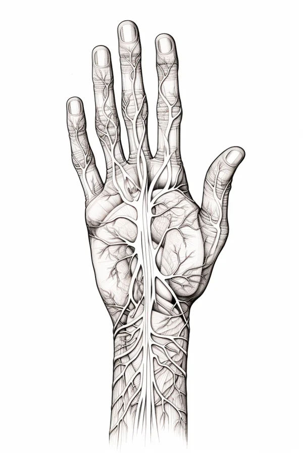 Anatomical hand with detailed veins and arteries, realistic line art style — free printable human anatomy coloring book page