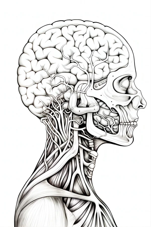 Human head and neck anatomy structure, realistic medical illustration style — free printable medical popular science coloring book page