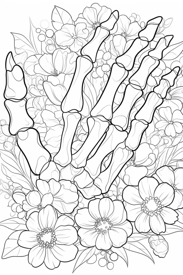 Skeleton hand surrounded by flowers and leaves, dark aesthetic style — free printable dark coloring book page