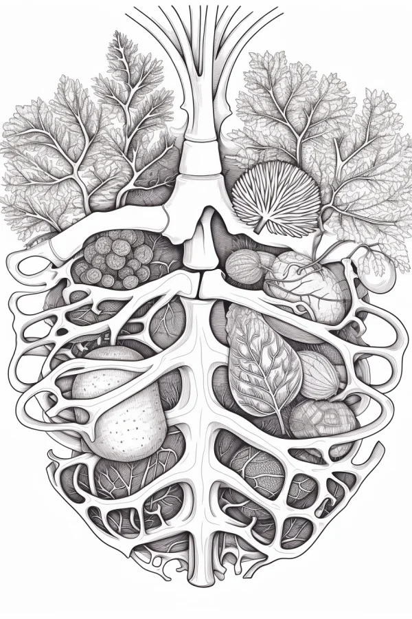Human chest cavity filled with various plants, surreal creative style — free printable surreal coloring book page