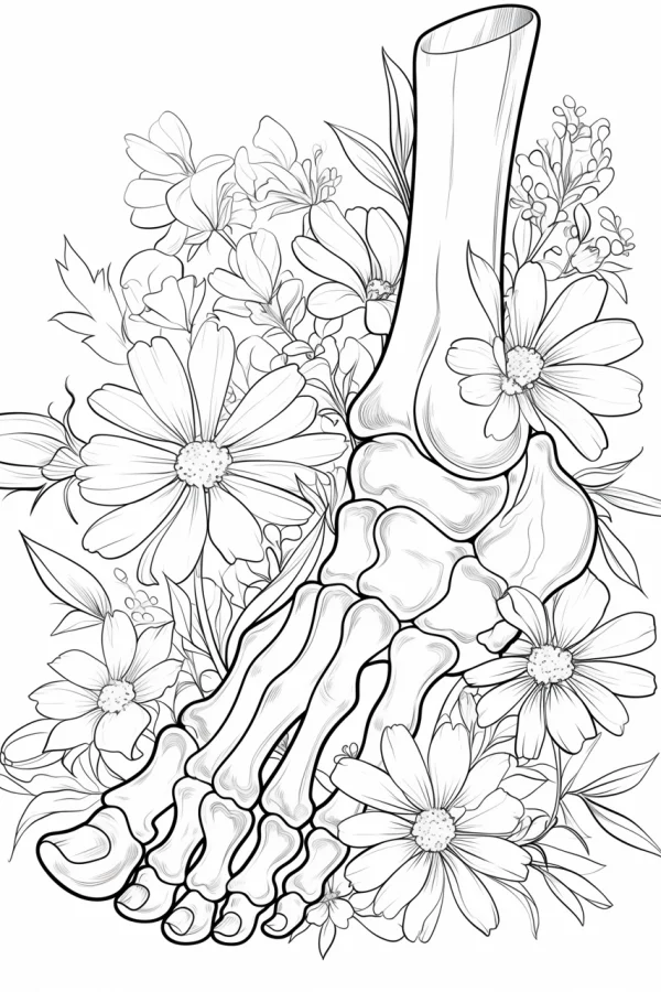 Foot skeleton surrounded by daisies and various flowers, realistic sketch style — free printable human anatomy coloring book page