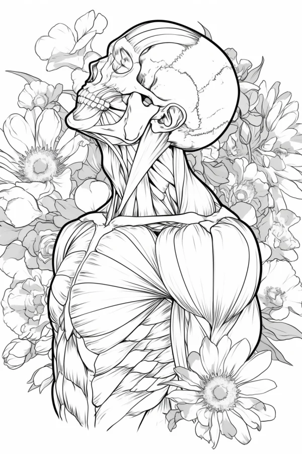 Anatomical skull with neck and chest muscles, surrounded by various flowers and daisies — free printable anatomy coloring book page
