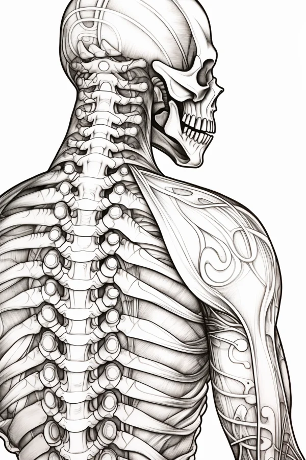 Cyberpunk-style human back skeleton with mechanical details, sci-fi art style — free printable anatomy coloring book page