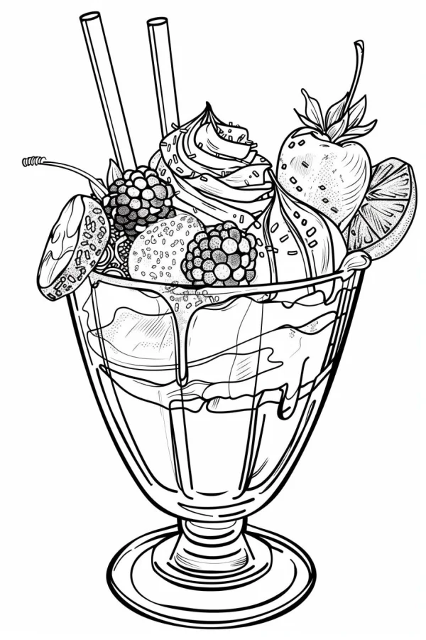 Ice cream sundae in glass cup, cartoon illustration style — free printable desserts coloring book page