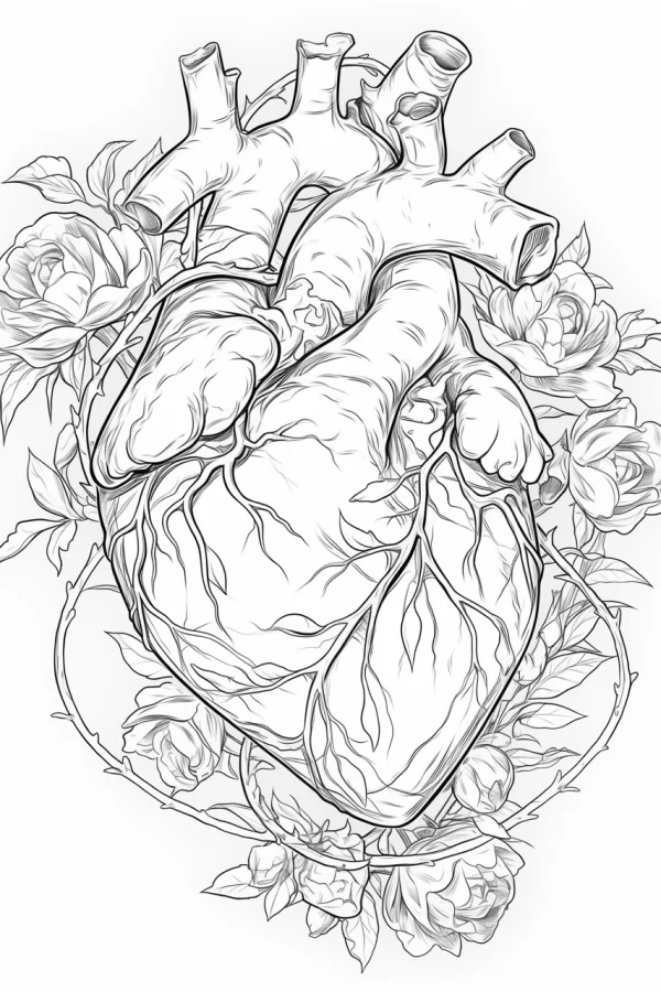 Realistic anatomical human heart surrounded by roses and vines, sketch art style — free printable human body coloring book page