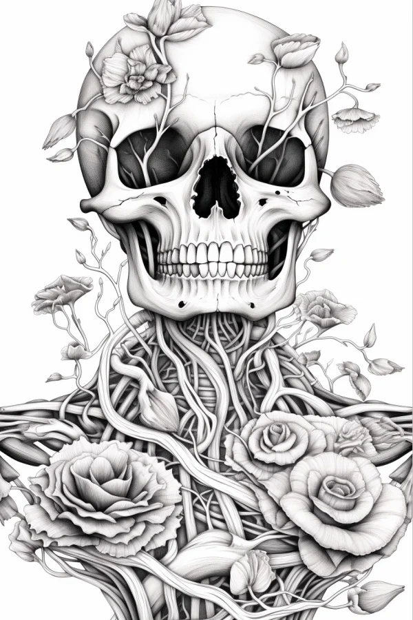 Skull intertwined with roses and vines, gothic style — free printable goth culture coloring book page