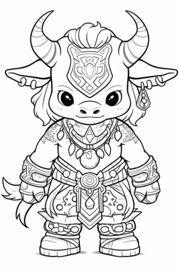 Chibi tribal-style anthropomorphic cow, cartoon fantasy style — free printable tribal culture coloring book page