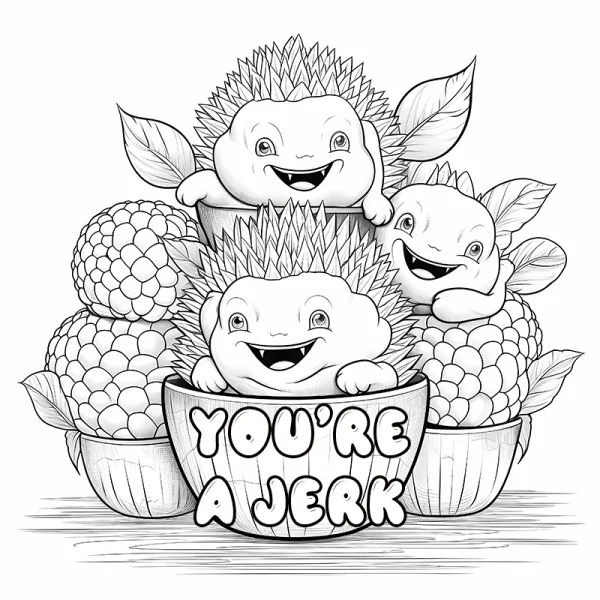 Goofy cartoon hedgehog-like fantasy creatures in bowls, surrounded by textured round fruits and leaves — free printable quirky coloring book page