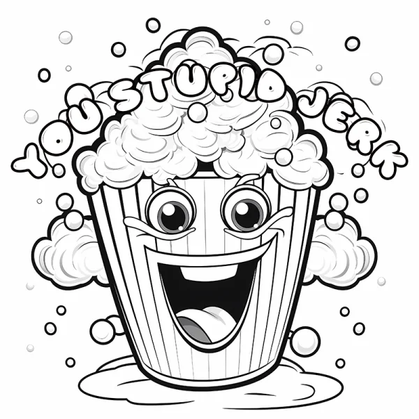 Goofy anthropomorphic popcorn with big smile and eyes, cartoon style — free printable quirky coloring book page
