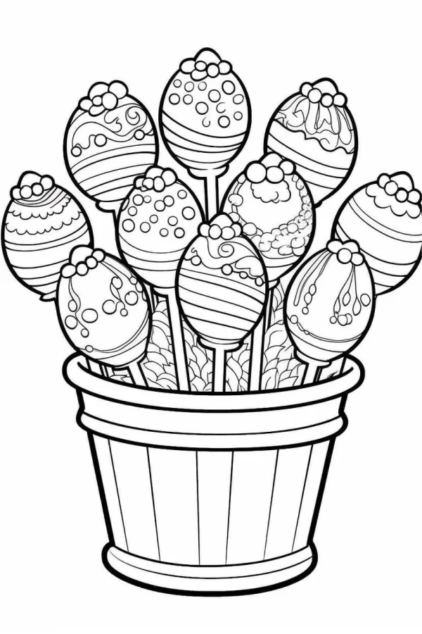 Decorated cake pops in a wooden bucket, cartoon style — free printable desserts coloring book page