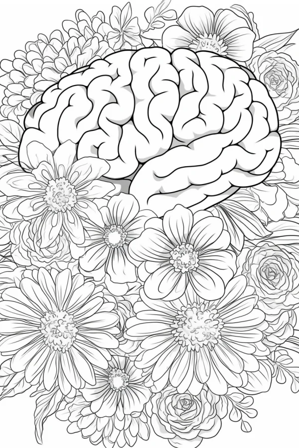 Brain surrounded by various flowers including daisies and roses, realistic line art style — free printable human organs coloring book page