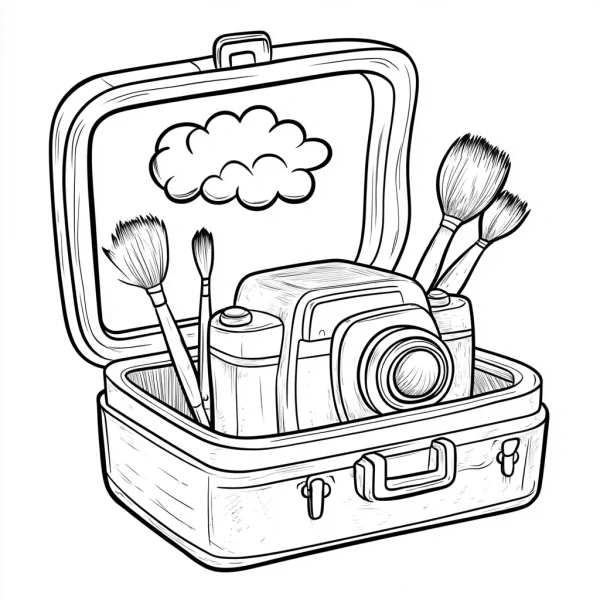 Camera and paintbrushes inside a suitcase with paint jars, cartoon line art style — free printable photography coloring book page