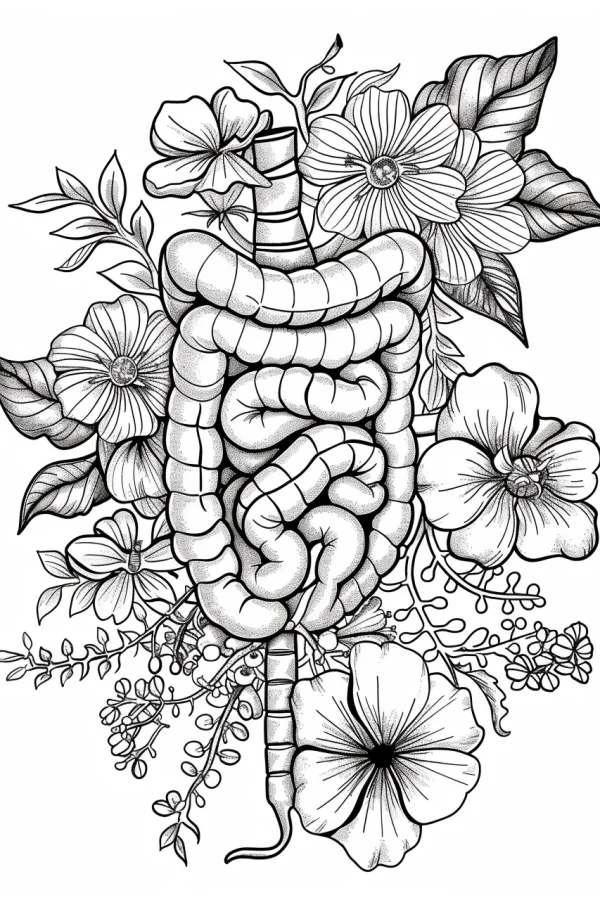Intestines surrounded by various flowers and leaves, line art — free printable human organs coloring book page