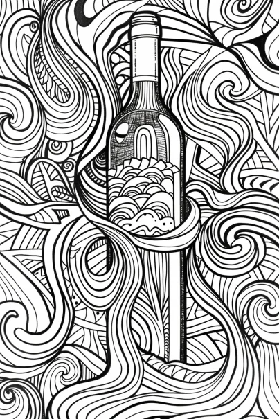 Wine bottle wrapped in intricate swirling curves, zentangle style — free printable beverages coloring book page