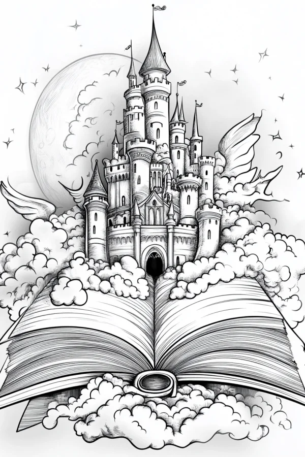 Fairy tale castle on an open book surrounded by fluffy clouds, fantasy style — free printable books coloring book page